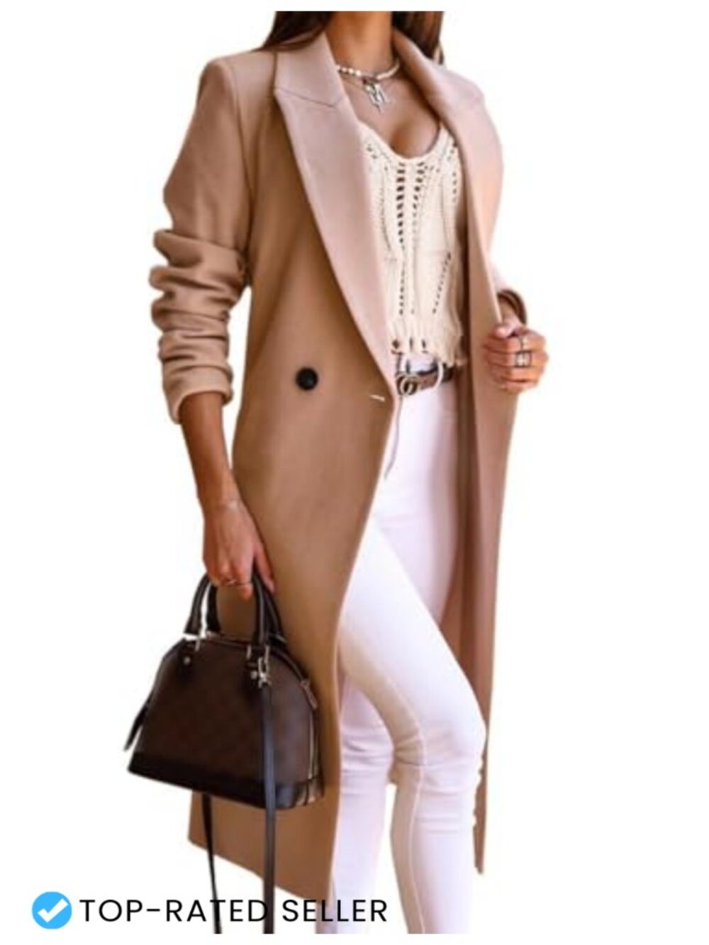 Long Wool Blend Pea Coat Overcoat Button Front Notch Collar Winter